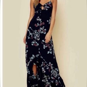 CLEOBELLA black floral maxi hi low criss cross back NWOT size Small